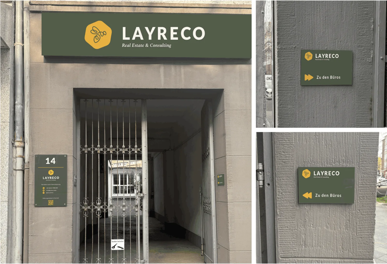 LAYRECO Beschilderung: Fassadenschild, Hinweisschild und Leitsystem am Eingang