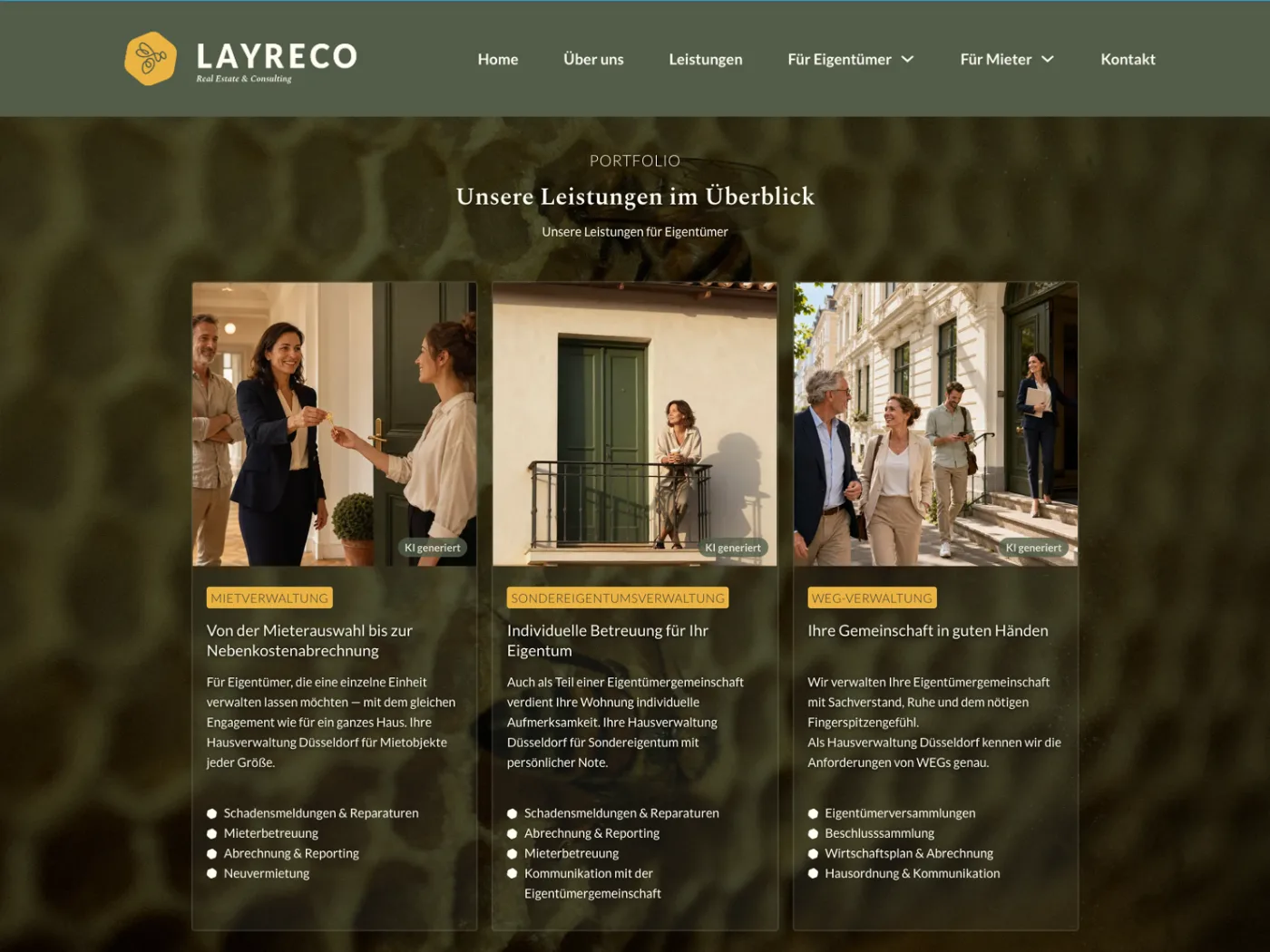 LAYRECO Website auf dem Tablet, Leistungen im Überblick